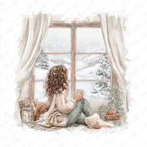 Könnte beinhalten: Aquarellillustration einer Person, die an einem Fenster sitzt und eine schneebedeckte Berglandschaft betrachtet. Die Person hält eine Tasse, trägt einen cremefarbenen Pullover, grüne Hosen und beige Stiefel. Das Fenster hat weiße Vorhänge.