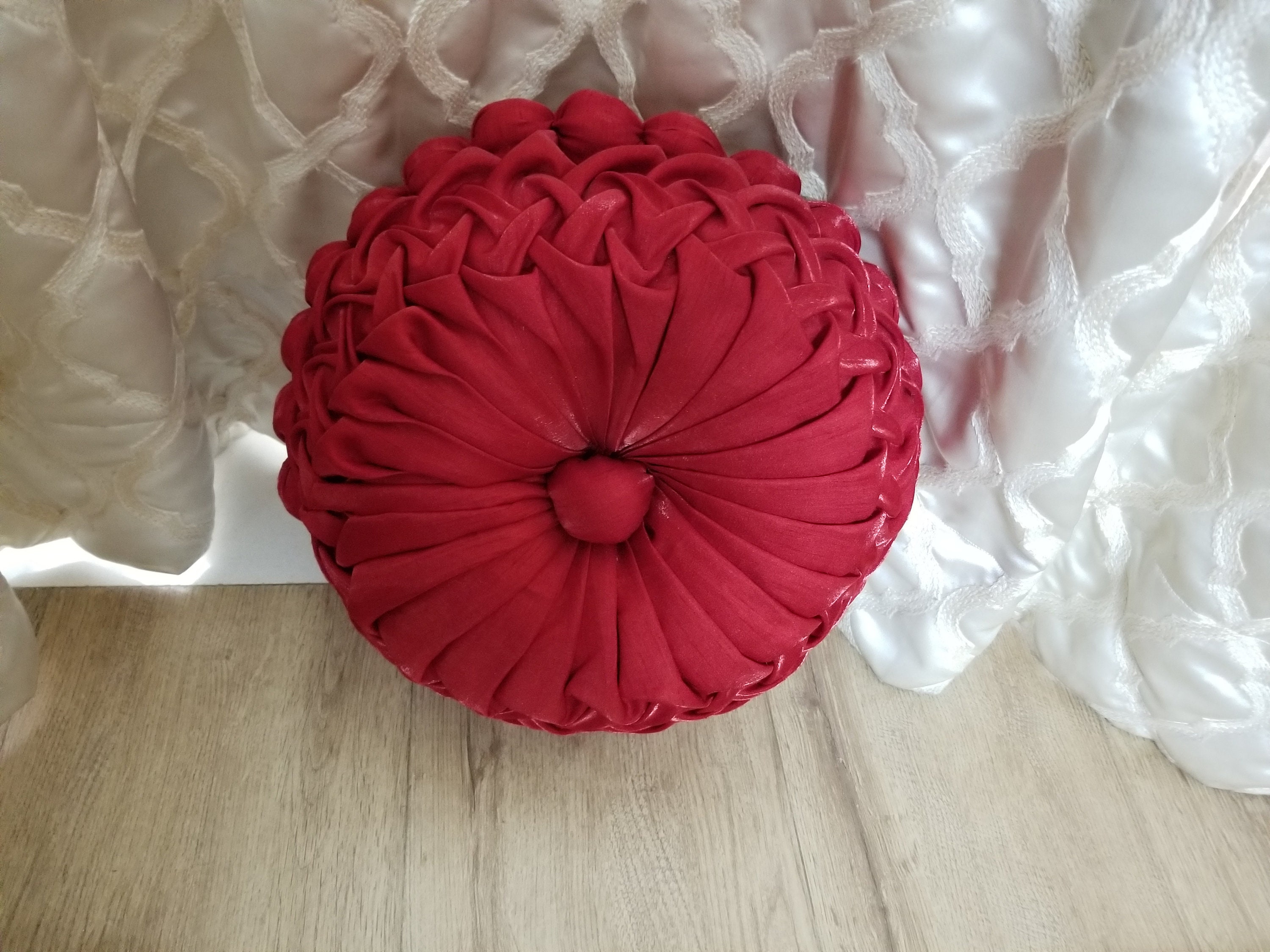 Maroon Round Pillow, Round Throw Pillow, Pintuck Pillow, Throw Pillow