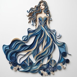 Puede incluir: Una obra de arte en filigrana de papel que representa una figura con cabello largo y fluido vistiendo un vestido voluminoso. El diseño presenta tiras de papel superpuestas en tonos azul, crema y marrón, creando un efecto tridimensional.