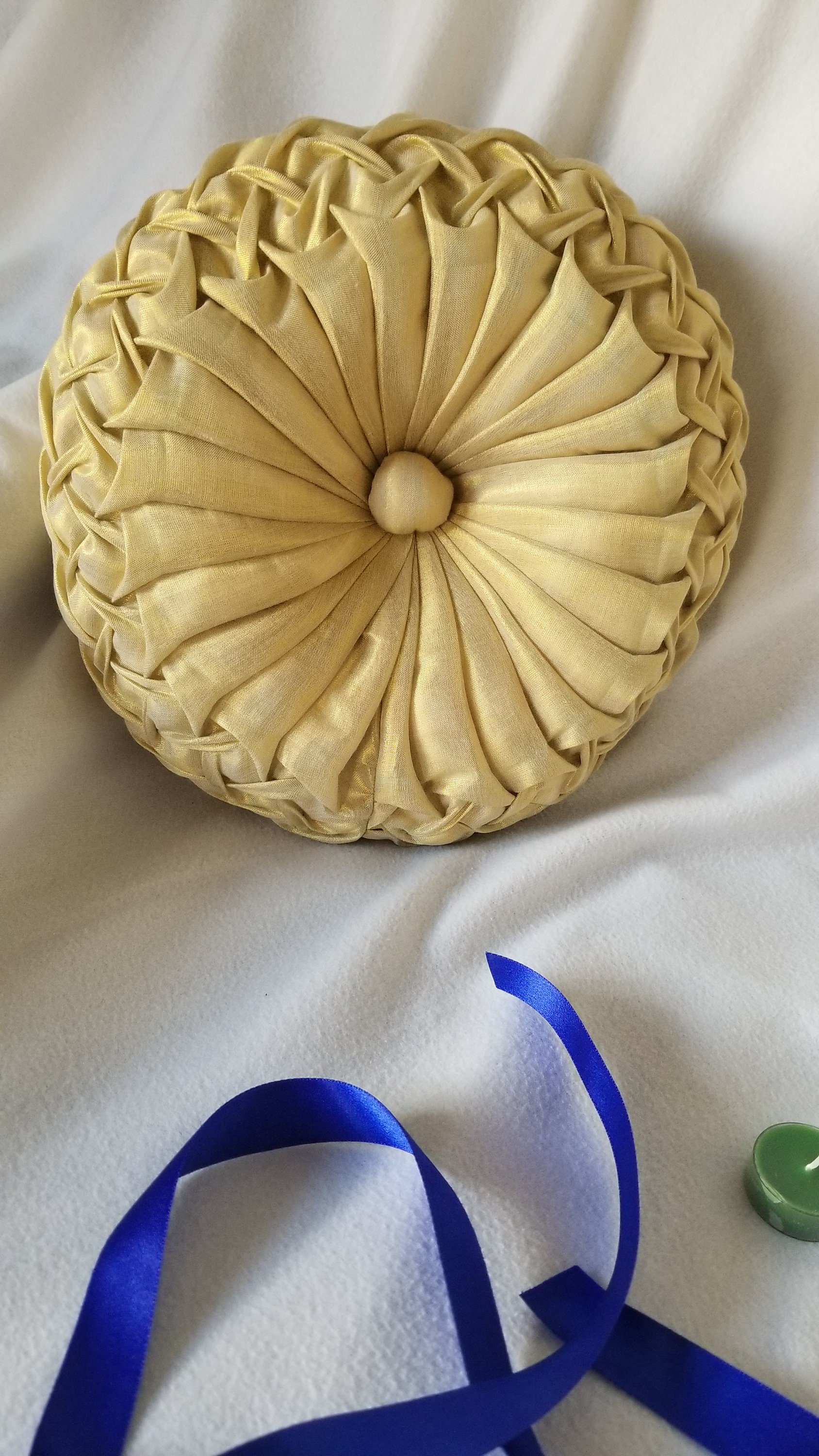 Yellow Gold Round Pillow, Canadian Smocking Cushion, Pintuck Cushion