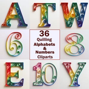 Peut inclure: Une collection d'alphabets et de chiffres en quilling colorés. Les lettres A, T, W, E et Y, ainsi que les chiffres 6, 8 et 10, sont affichés dans des teintes arc-en-ciel vibrantes. L'image comprend également le texte "36 Quilling Alphabets & Numbers Cliparts."