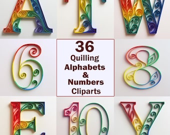 Clipart z alfabetem i cyframi w technice Quilled: 36 projektów JPG w wysokiej rozdzielczości (do natychmiastowego pobrania) Sztuka generatywna