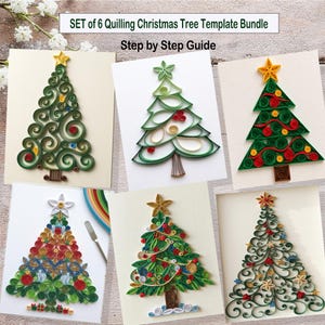 May include: A set of 6 paper quilling Christmas tree templates and a step-by-step guide. The collection features various intricate tree designs crafted from coiled paper strips in shades of green, red, yellow, and white, each topped with a star.