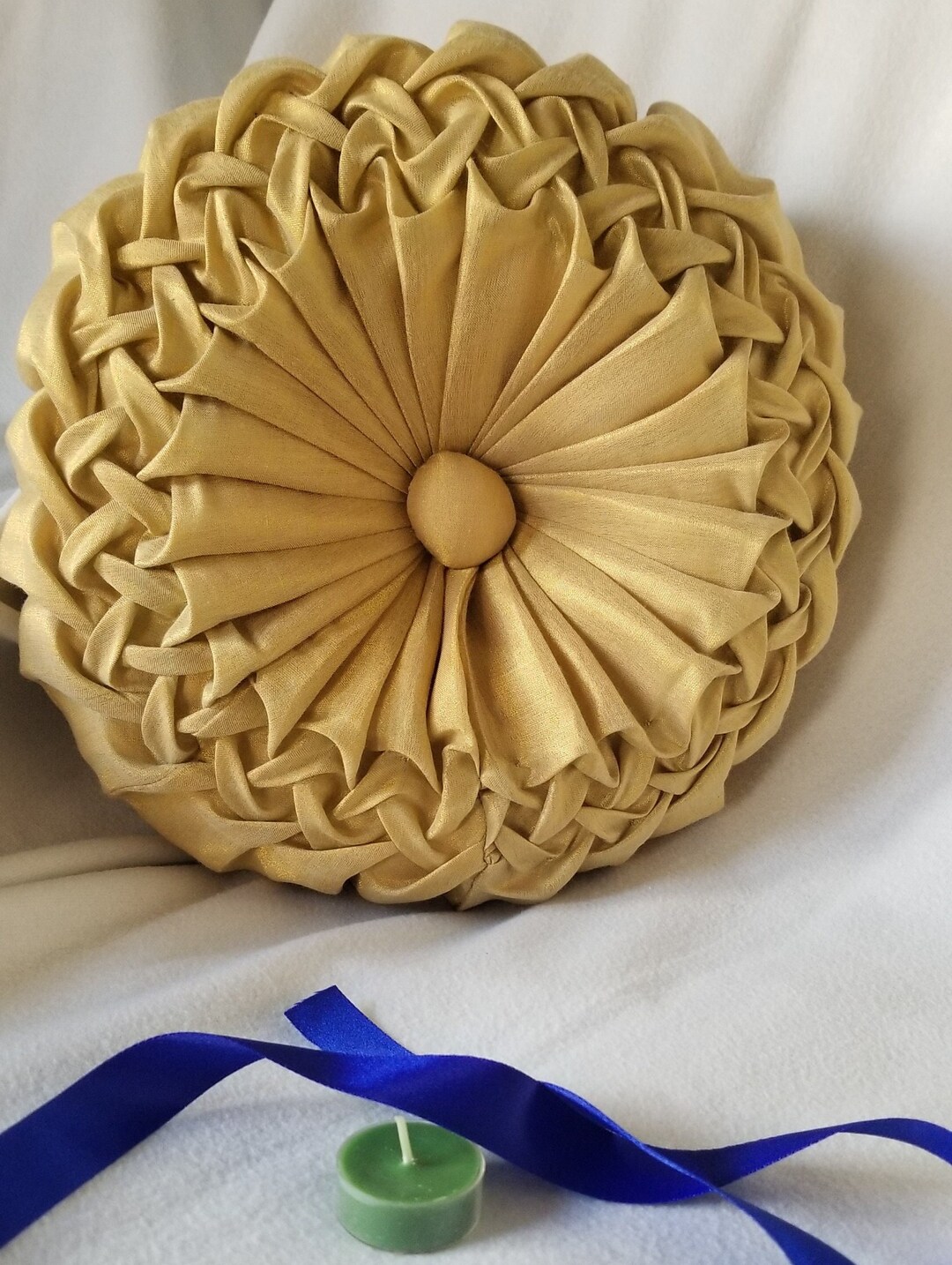 Light Yellow Gold Round Pillow, Canadian Smocking Cushion, Bedding