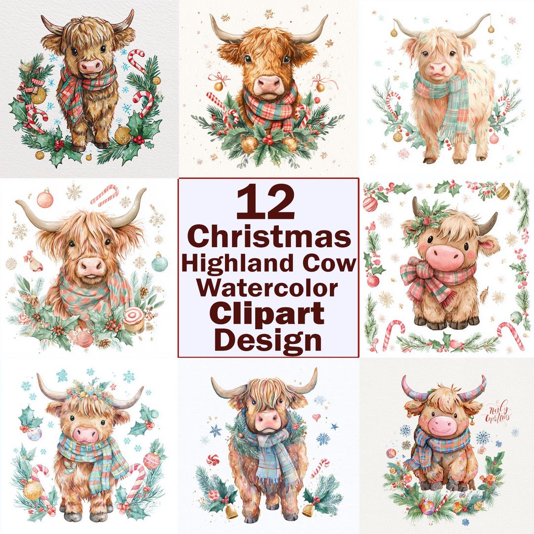 12 Christmas Highland Cow Watercolor Clipart, Watercolor Bundle ...