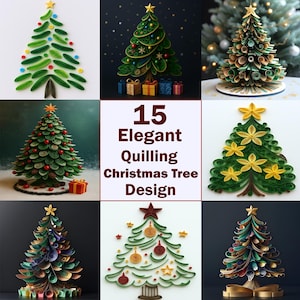 Könnte beinhalten: Eine Collage von 15 eleganten Quilling-Weihnachtsbaum-Designs. Die Bäume sind aus Papier gefertigt und weisen verschiedene Farben und dekorative Elemente wie Sterne und Ornamente auf. Der Text "15 Elegant Quilling Christmas Tree Design" ist zu sehen.