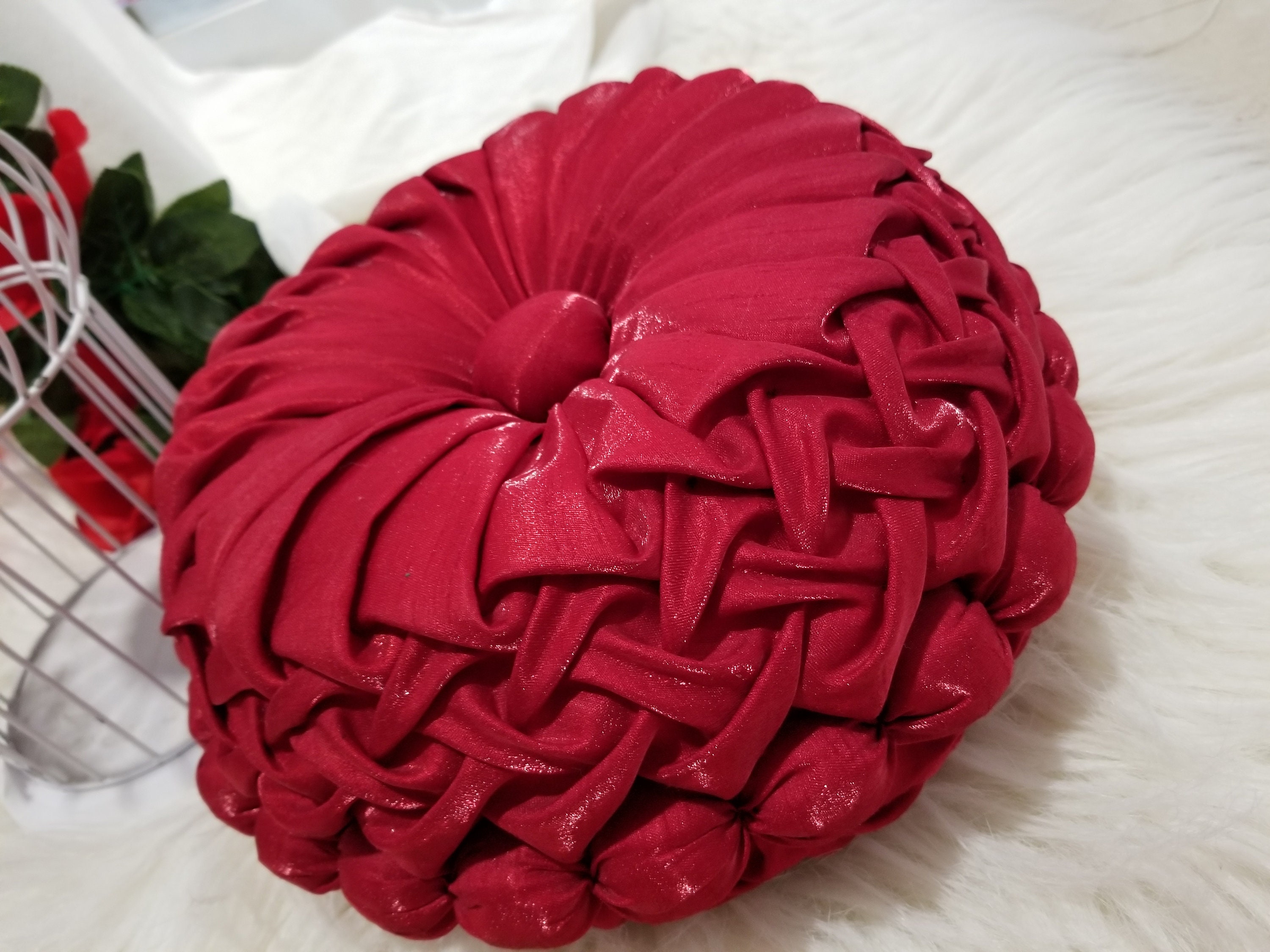 Maroon Round Pillow, Round Throw Pillow, Pintuck Pillow, Throw Pillow