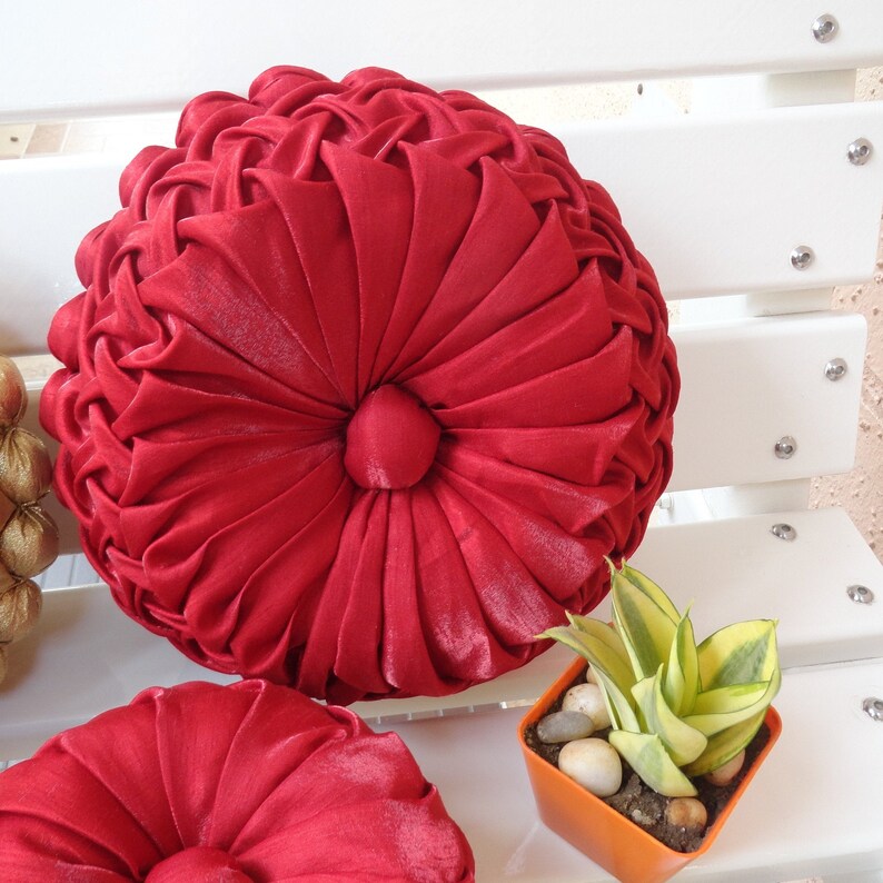 Maroon Round Pillow, Round Throw Pillow, Pintuck Pillow, Throw Pillow