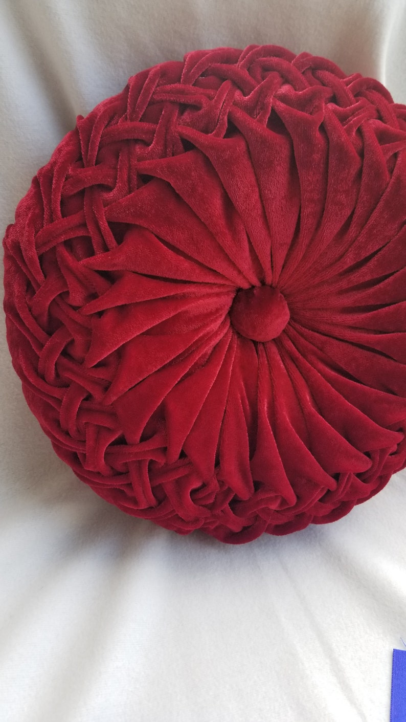 Maroon Velvet Round Pillow, Pillow for Art Deco Interior, Pintuck
