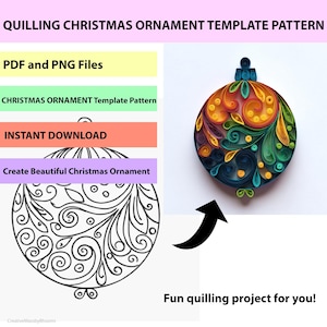 May include: A quilled Christmas ornament template pattern. The image shows a finished ornament with orange, yellow, green, and blue paper strips. Text includes "PDF and PNG Files", "Christmas Ornament Template Pattern", and "Instant Download".