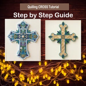 May include: Two decorative quilling paper crosses. One cross is blue and green with floral details and a pearl center. The other cross is cream, blue, and green. The image includes the text "Quilling CROSS Tutorial Step by Step Guide."