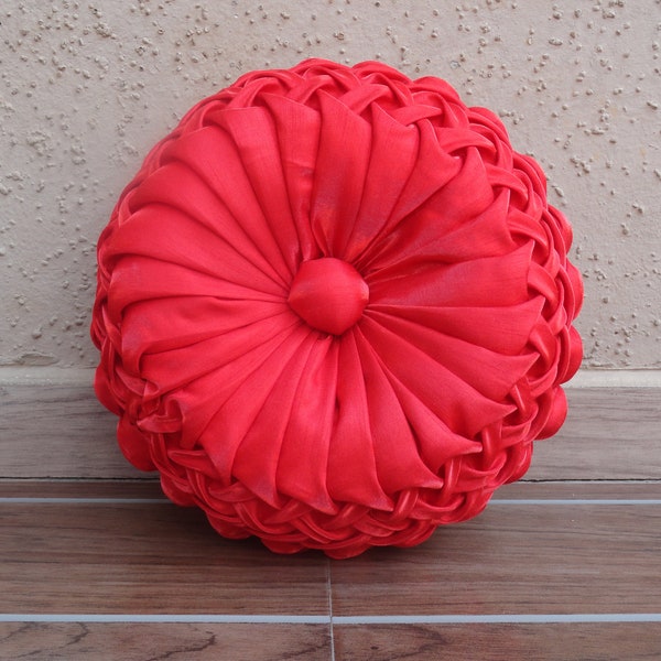 Coussin rond rouge, Coussin décoratif, Coussin de chaise unique, Housse de coussin Art déco avec rembourrage, Coussin décoratif, Coussin nervuré, Cadeau fait main