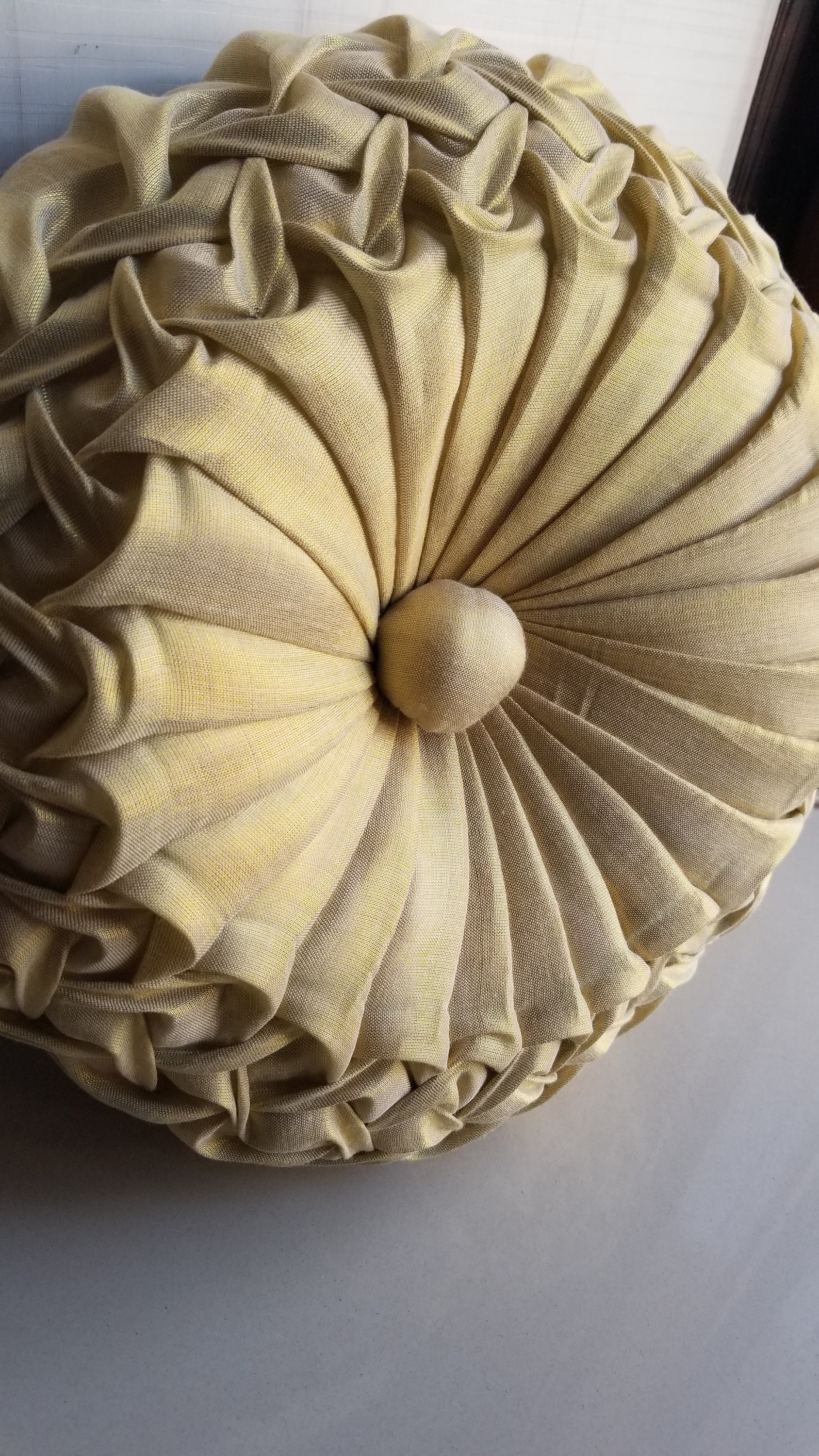 Yellow Gold Round Pillow, Canadian Smocking Cushion, Pintuck Cushion