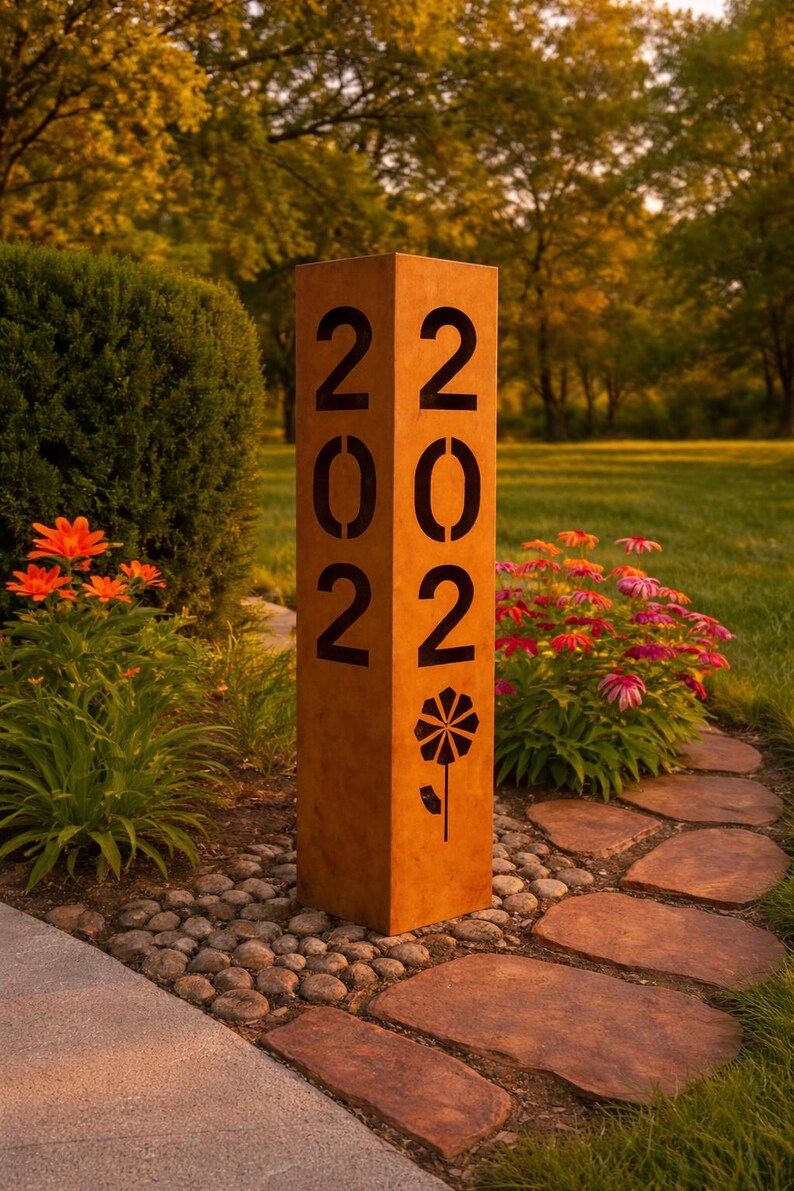 Corten Metal Address Sign, Modern Outdoor House Number Post, Rustic ...