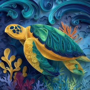 Op de afbeelding: Een kleurrijk papier quilling kunstwerk dat een zeeschildpad onder water afbeeldt. De schildpad heeft een gele kop en schild, met een groen en blauw patroon op de rug. De achtergrond toont blauwe golven en koraal.