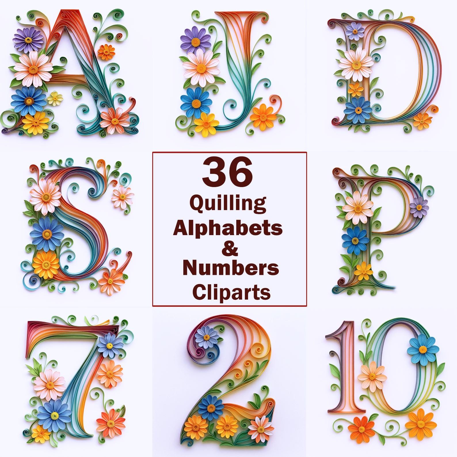 Spring Floral Quilled Alphabet Numbers Clipart Bundle (instant Download ...