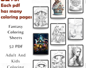 52 Magical Fantasy Coloring Pages, Dream World Printable (PDF)