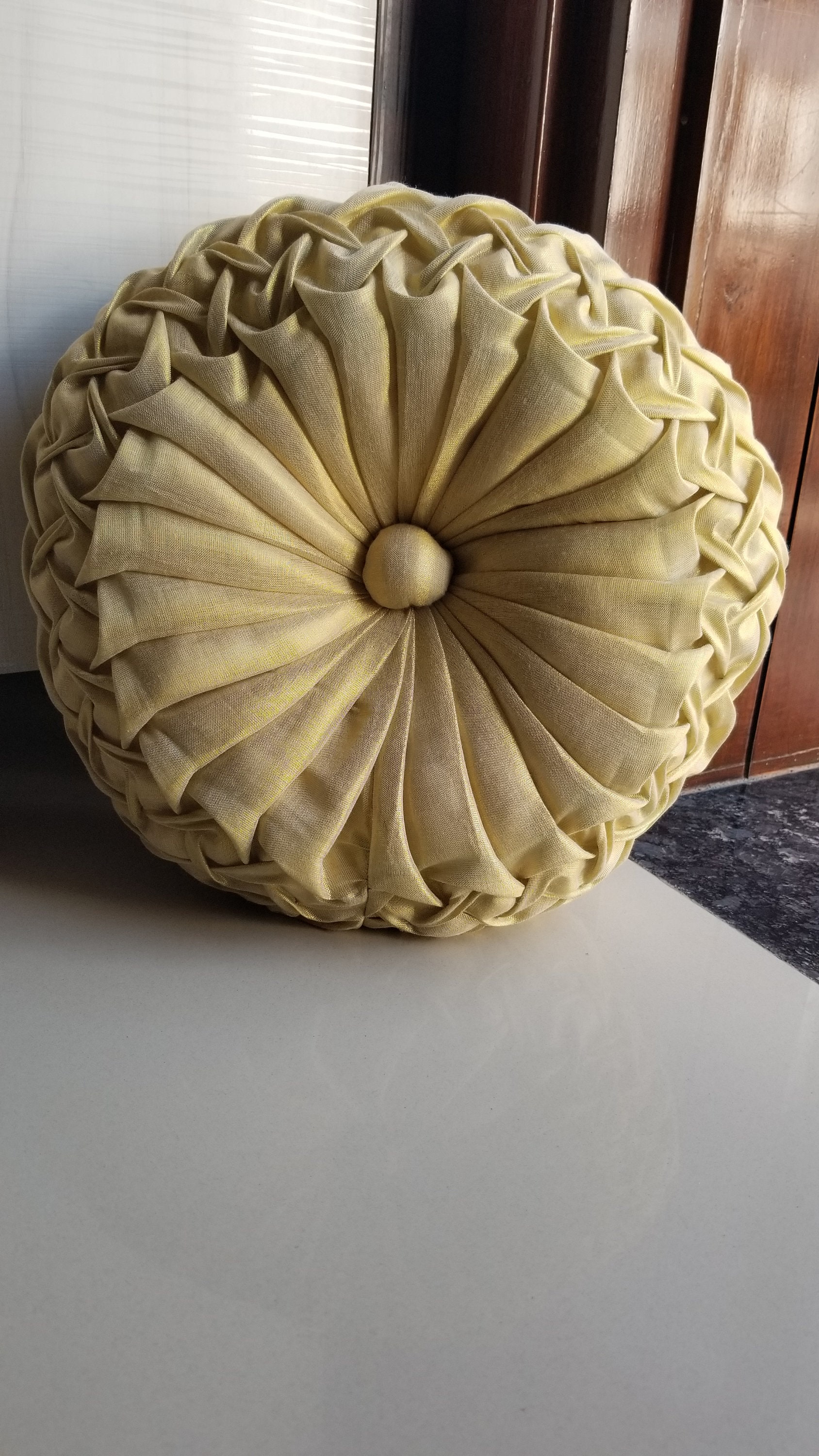 Yellow Gold Round Pillow, Canadian Smocking Cushion, Pintuck Cushion