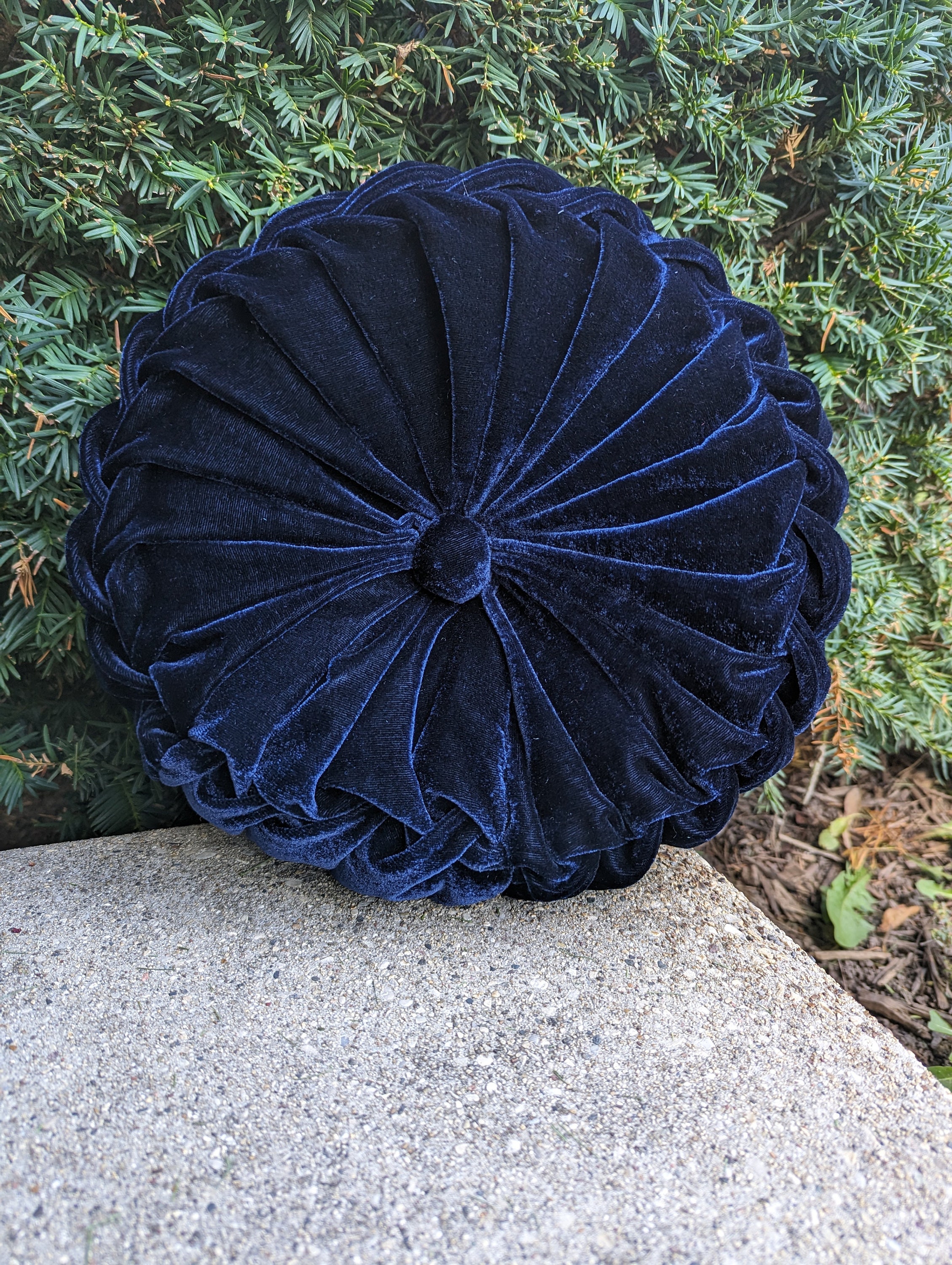 Navy Blue Velvet Round Pillow, Pintuck Pillow, Housewarming Gift