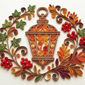 May include: A paper quilling art piece featuring a central lantern design in shades of orange, yellow, and red, surrounded by a circular wreath of green ivy leaves, autumn-colored foliage, and clusters of small red berries on a white background.