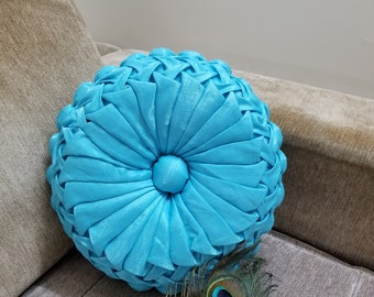 Round Sky Blue Pillow for interior decor, Art deco pillow, Pillow for housewarming, Beachy throw pillow for couch, Handmade gift for her