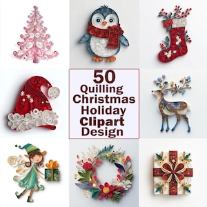 Könnte beinhalten: Eine Sammlung von Quilling-Kunst mit Weihnachts- und Feiertagsmotiven. Das Bild zeigt einen Weihnachtsbaum, einen Pinguin, einen Strumpf, einen Weihnachtsmannhut, ein Rentier, einen Elf, einen Kranz und eine Geschenkbox. Der Text in der Mitte lautet "50 Quilling Christmas Holiday Clipart Design."