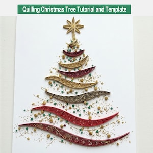 May include: A paper quilling art piece shaped like a Christmas tree on a white background, featuring the text Quilling Christmas Tree Tutorial and Template. The tree is composed of red, gold, and bronze coiled paper strips with small beads.