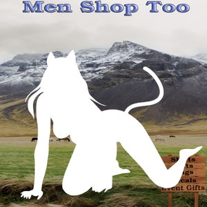 May include: A white silhouette of a cat with a long tail, kneeling in a grassy field with a mountain range in the background. A wooden sign with the text "Shirts, Hats, Bags, Decals, Event Gifts" is in the foreground.