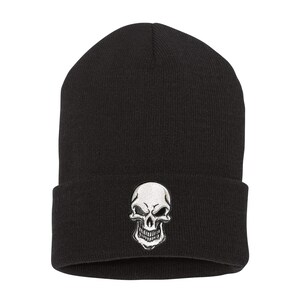 Embroidered Skull Cuffed Beanie - Biker Metal Winter Hat