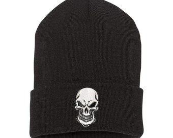 Embroidered Skull Beanie | Hat | Biker Metal | Cuffed Beanie | Winter Hat