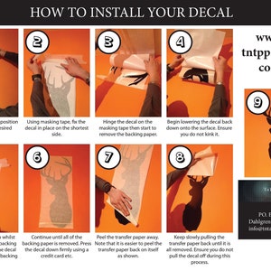May include: Nine illustrated steps on an orange background showing how to install a decal. The steps are numbered 1 through 9. The decal is a silhouette of a deer head. The text "HOW TO INSTALL YOUR DECAL" is at the top of the image. The text "www.tntpparels.com" is in the upper right corner of the image. The text "TnT Apparels" is in the lower right corner of the image. The text "PO. Box 1978 Dahlgren, VA 22448 info@tntapparels.com" is below the text "TnT Apparels".