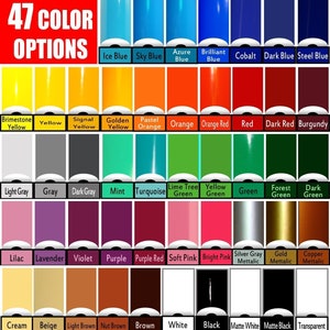 May include: A chart showing 47 different color options for a product. The colors are arranged in rows and columns, with each color labeled with its name. The colors include brimstome yellow, signal yellow, golden yellow, pastel orange, orange, orange red, red, dark red, burgundy, light gray, gray, dark gray, mint, turquoise, lime tree green, yellow green, green, forest green, dark green, lilac, lavender, violet, purple, purple red, soft pink, bright pink, silver gray metallic, gold metallic, copper metallic, cream, beige, light brown, nut brown, brown, white, black, matte white, matte black, and transparent.