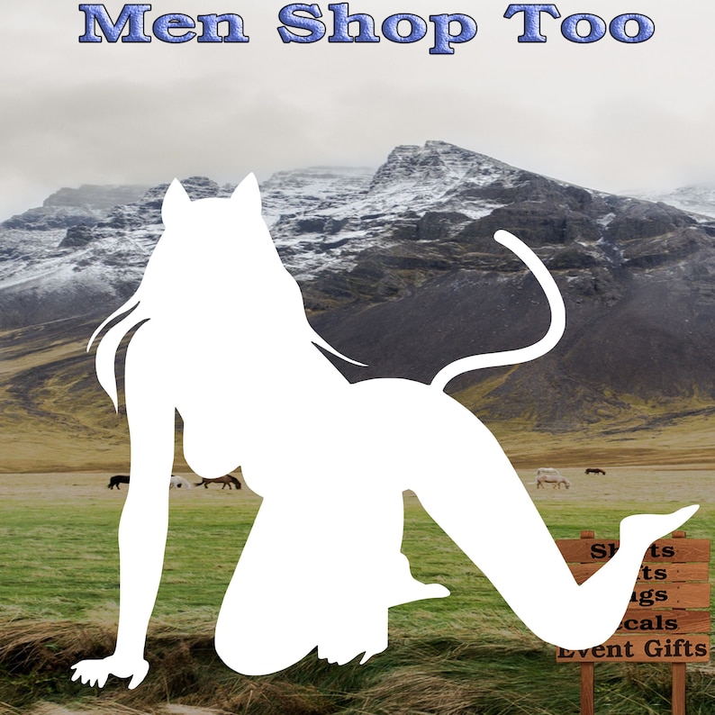 May include: A white silhouette of a cat with a long tail, kneeling in a grassy field with a mountain range in the background. A wooden sign with the text "Shirts, Hats, Bags, Decals, Event Gifts" is in the foreground.