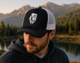 Besticktes V wie Vendetta Trucker Cap – Anonymes Guy Fawkes Cap – Verstellbares Snapback Geschenk