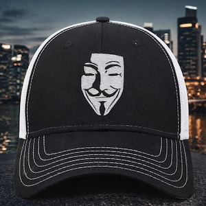 Embroidered V for Vendetta Trucker Hat – Anonymous Guy Fawkes Cap – Adjustable Snapback Gift