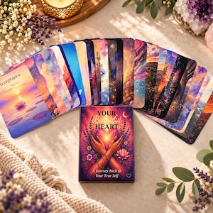 May include: A deck of oracle cards with a box titled Your Beautiful Heart A Journey Back to Your True Self. The box features an illustration of hands holding a glowing light surrounded by flowers. The cards display colorful landscapes.