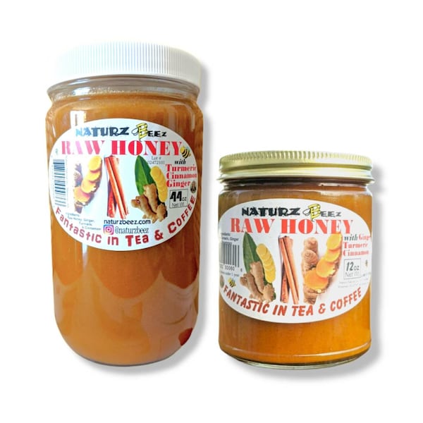 Raw Honey w/ Turmeric, Ginger & Cinnamon (FREE SHIPPING) Glass Jar 100% Pure Raw Natural USA Honey + Turmeric, Ginger, Cinnamon