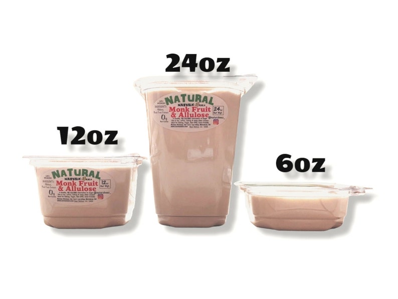May include: Three clear plastic containers of different sizes filled with a light brown liquid. The containers are labeled "Natural Monk Fruit & Allulose" with the size in ounces: 6oz, 12oz, and 24oz.