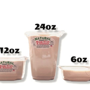 May include: Three clear plastic containers of different sizes filled with a light brown substance. The containers are labeled "NATURAL Monk Fruit & Allulose" with the size of each container in ounces: 6oz, 12oz, and 24oz.