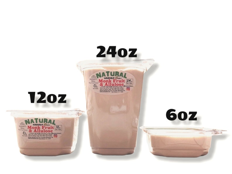May include: Three clear plastic containers of different sizes filled with a light brown substance. The containers are labeled "NATURAL Monk Fruit & Allulose" with the size of each container in ounces: 6oz, 12oz, and 24oz.