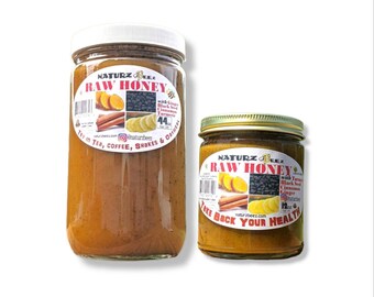 Pot en verre de miel brut, de curcuma aux graines de nigelle, de gingembre et de cannelle, 100 % pur miel naturel des États-Unis