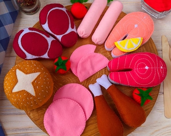 Felt Food Toys, Play Kitchen Food, Pretend Steak and Fish