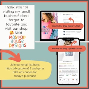 May include: A graphic design business called Maypop House Designs is advertising their shop on Etsy. The image shows a laptop and a phone with the shop's logo and products. The text on the image says "Click On Our Shop Name To Visit" and "Favorite For Shop Updates & Sales".