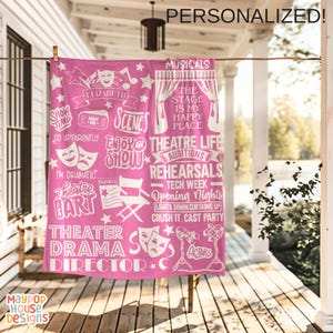 velveteen plush blanket for theater kid drama teacher actor that has a collage of different theater related words clipart and phrases and personalized with name