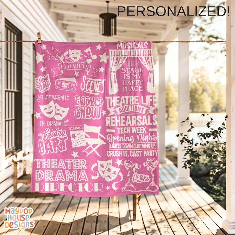 velveteen plush blanket for theater kid drama teacher actor that has a collage of different theater related words clipart and phrases and personalized with name