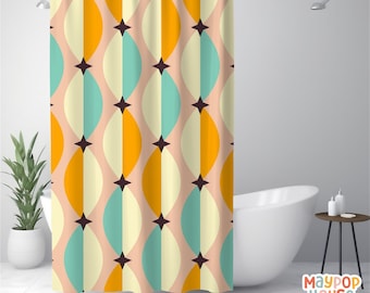 Retro Mid Century Modern Shower Curtain, Teal Beige Orange Navy Bathroom Decor, Atomic Era Bathroom Curtain, Minimalist Mid-Century Bath