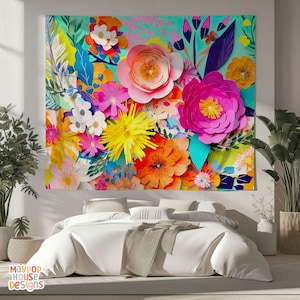 Maximalist Flower Wall Tapestry, Dopamine Trendy Girly Decor, Dopamine-Inducing Room Decor, Vibrant Dorm Room Art, Colorful Eclectic 3