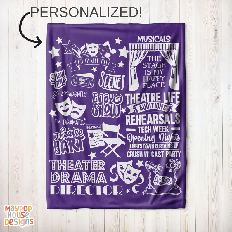 velveteen plush blanket for theater kid drama teacher actor that has a collage of different theater related words clipart and phrases and personalized with name