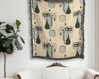 Retro Mid Century Modern Blanket, Atomic Cat Geometric Design Couch Throw, Woven Tapestry Style Blanket Perfect for Home Decor Housewarming