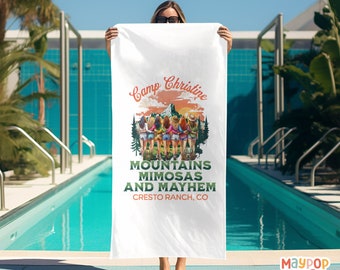 Personalized Camping Bachelorette Beach Towel, Customized Bridesmaid Gift, Matching Beach Towel for Bachelorette Destination Trip